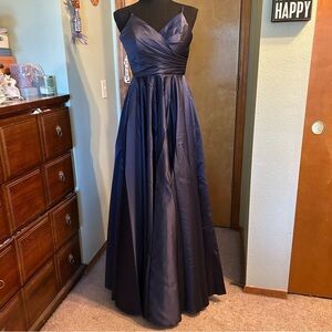 NWOT Pomuyoo navy blue satin spaghetti strap prom dress size 0 lace up back